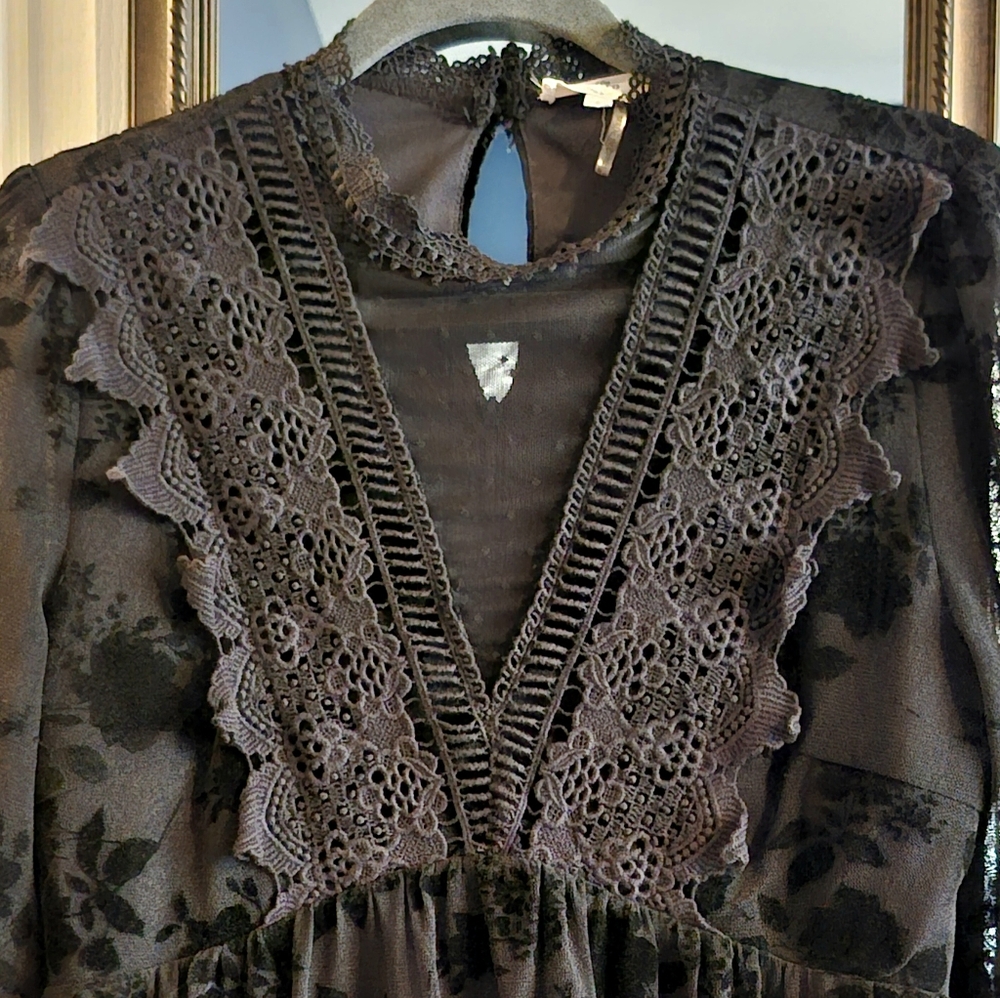 Entro Black Velvet Floral & Lace Long Sleeve Dress - Picture 3 of 8
